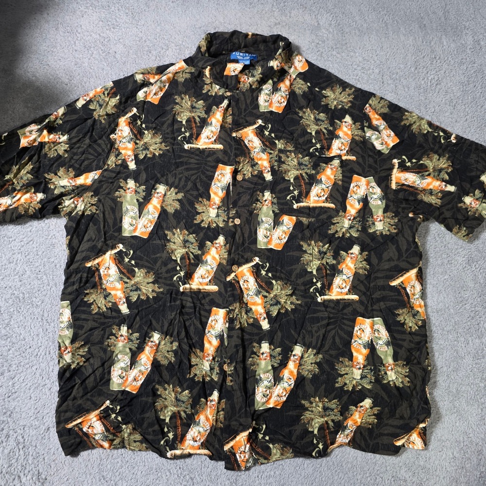 Puritan Mens 3XL Short Slv Button Down Shirt Black Beer Palm Tree Rayon Hawaii